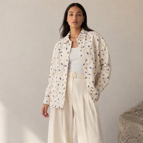 Frank & Oak Tops - Frank & Oak Cream/White Floral Denim Button-up Long Sleeve Overshirt, size M